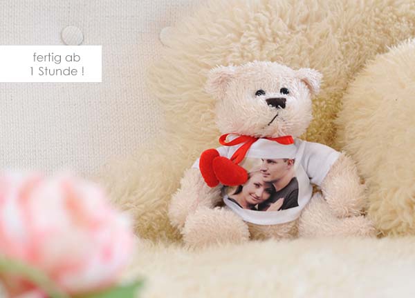 Kuschelier Teddybär herz weiß mit eigenem Foto