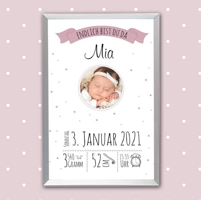 Poster Geburt mit Foto Rosa